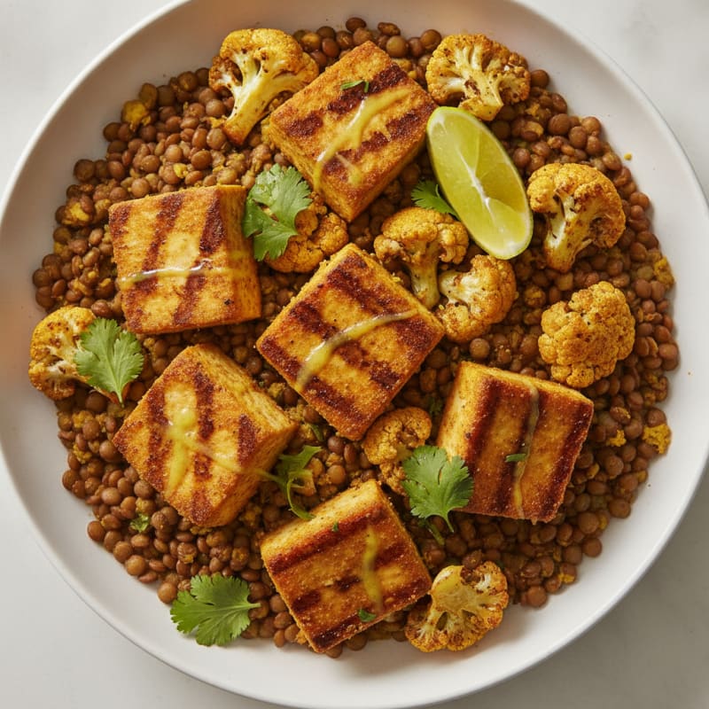 Grilled Tofu and Pea Protein Bowl with Roasted Cauliflower and Lentils