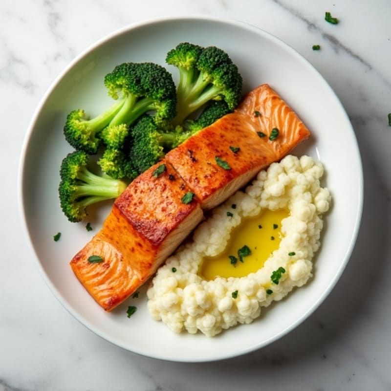 Seared Salmon with Steamed Broccoli and Garlic Cauliflower Mash