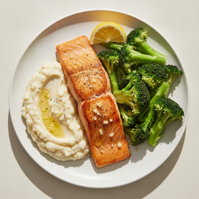 Seared Salmon Fillet with Steamed Broccoli and Garlic Cauliflower Mash