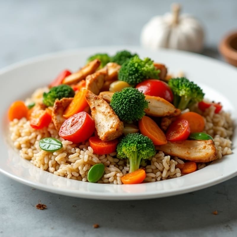 Chicken and Crispy Vegetable Stir-Fry with Brown Rice