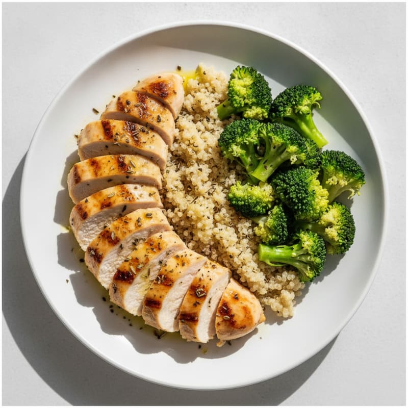 Grilled Lemon Herb Chicken Breast with Quinoa and Steamed Broccoli