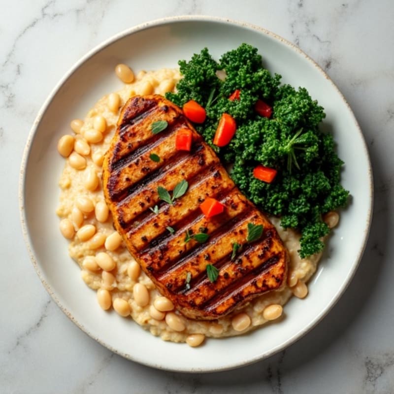 Grilled Tempeh Steaks with Creamy White Bean Mash and Sautéed Kale