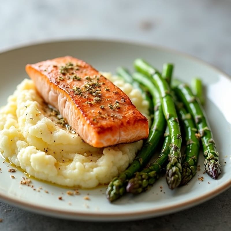 Seared Salmon Fillet with Steamed Asparagus and Cauliflower Mash