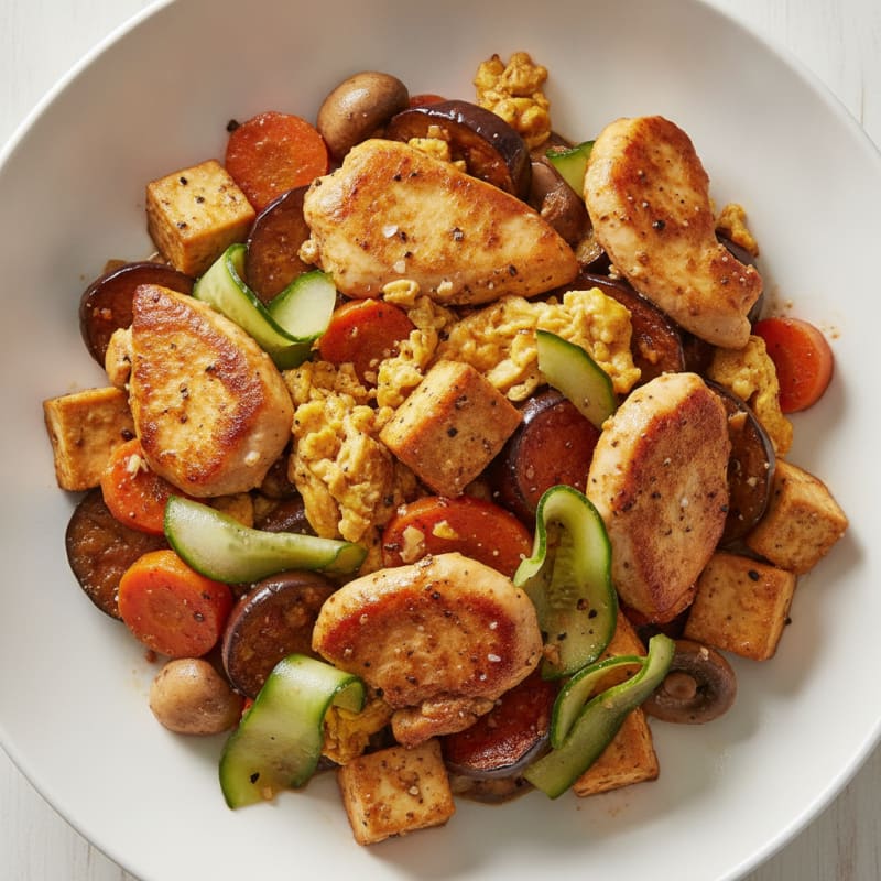 Chicken and Tofu Stir-Fry with Roasted Vegetables