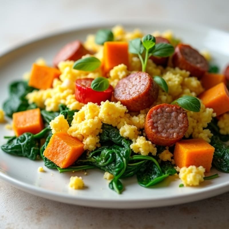 Egg White and Turkey Sausage Scramble with Spinach and Roasted Sweet Potato