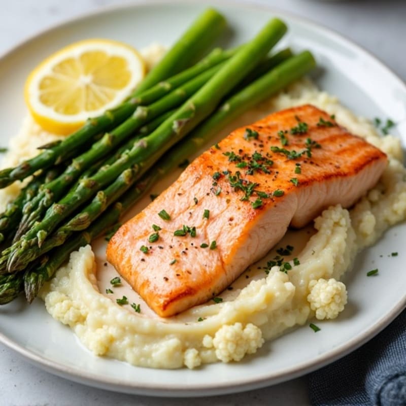 Seared Salmon with Steamed Asparagus and Cauliflower Mash