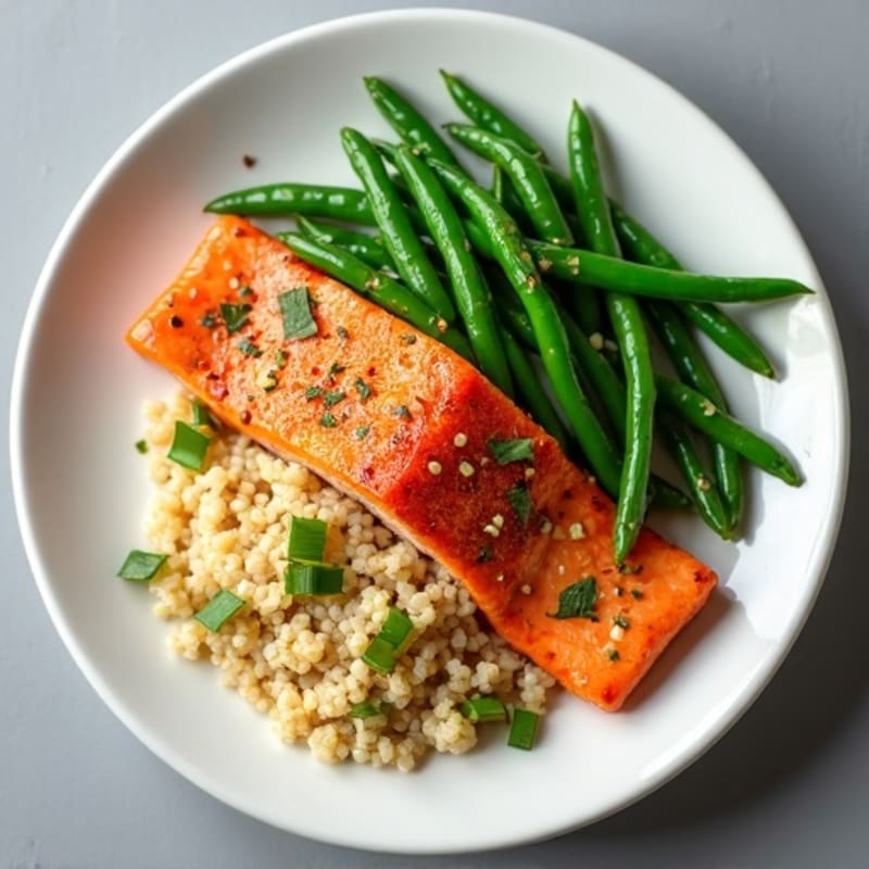 Seared Salmon Fillet with Garlic Green Beans and Quinoa