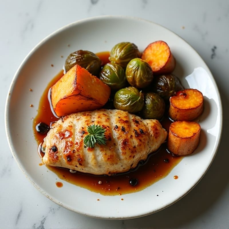 Lemon-Garlic Pan-Seared Chicken with Balsamic Glazed Brussels Sprouts and Roasted Sweet Potatoes