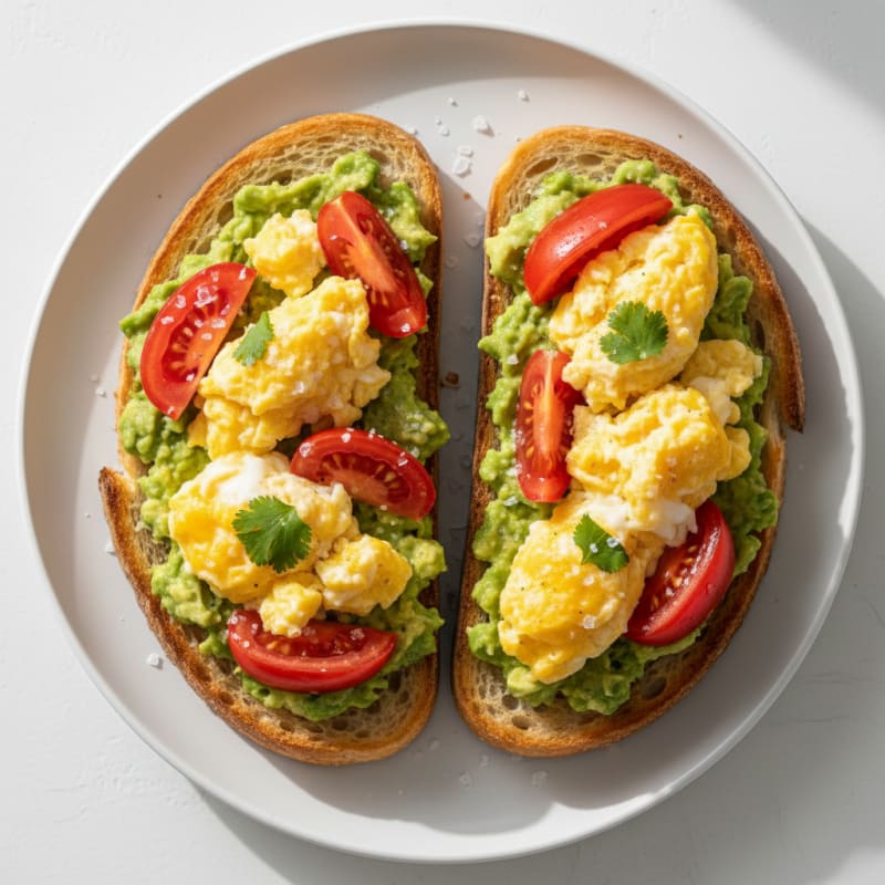 Egg and Avocado Toast on Sourdough with Tomato Slices