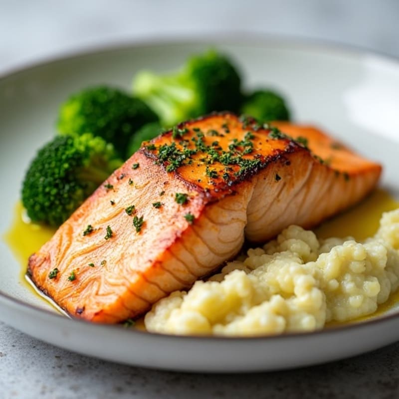 Seared Salmon with Steamed Broccoli and Garlic Mashed Cauliflower