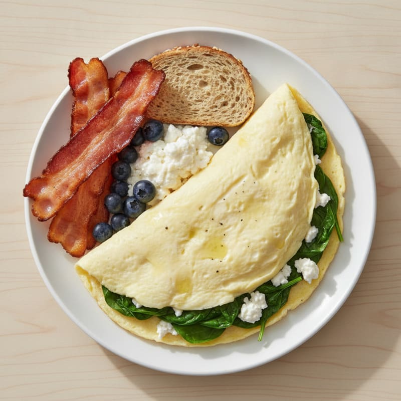 Egg White Spinach Omelette with Turkey Bacon and Cottage Cheese