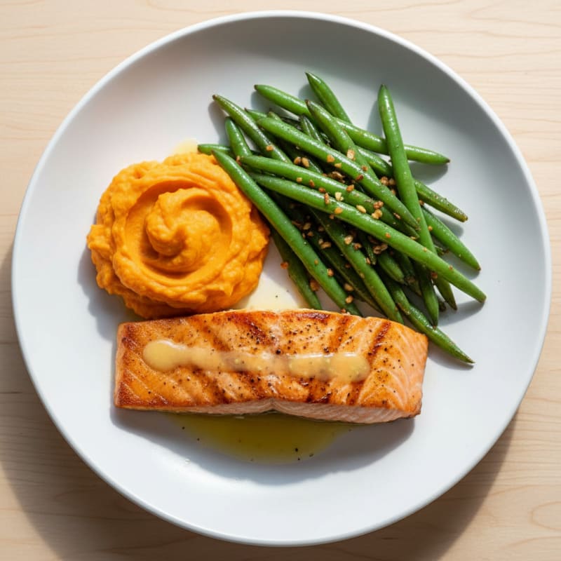 Seared Salmon with Garlic Green Beans and Sweet Potato Mash