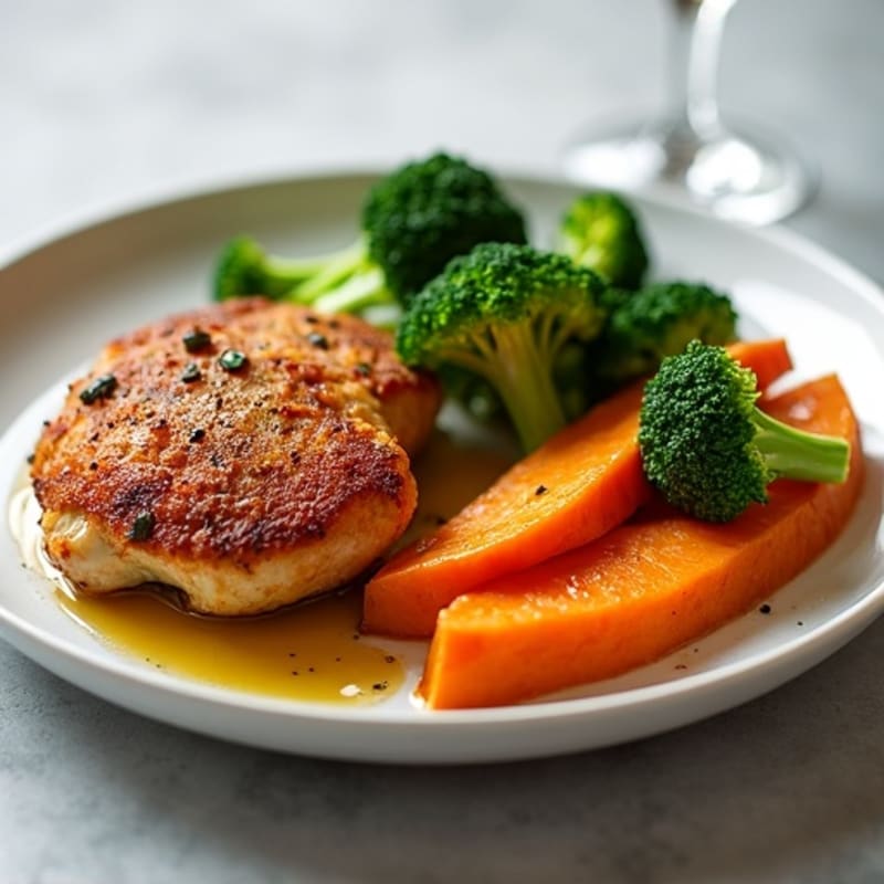 Crispy Pan-Seared Chicken Thighs with Roasted Sweet Potatoes and Broccoli