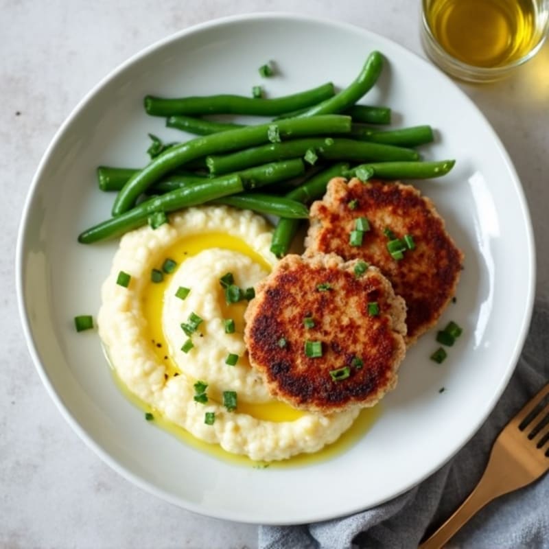 Seared Turkey Patties with Garlic Green Beans and Cauliflower Mash