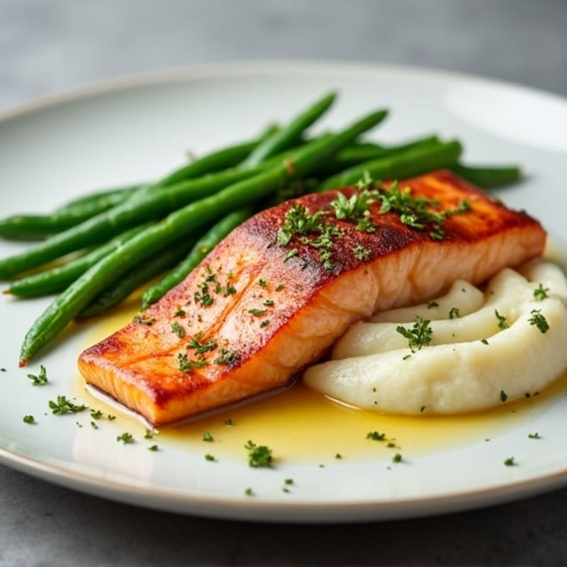 Seared Salmon with Steamed Green Beans and Cauliflower Mash