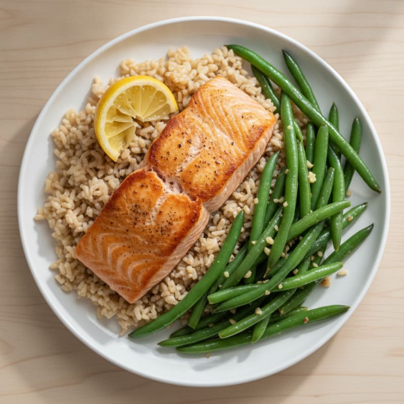 Seared Salmon with Garlic Green Beans and Brown Rice