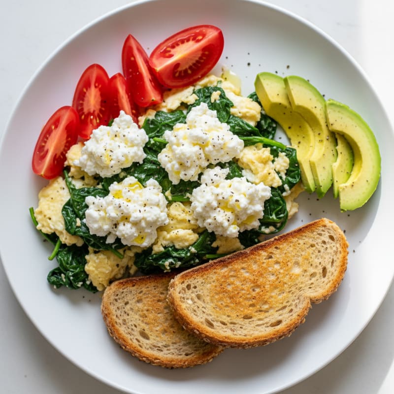 Egg White Spinach Scramble with Cottage Cheese and Fresh Tomatoes