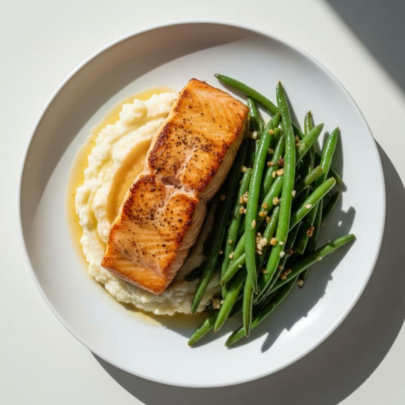 Seared Salmon with Garlic Green Beans and Cauliflower Mash
