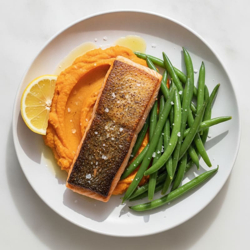 Seared Salmon with Steamed Green Beans and Sweet Potato Mash