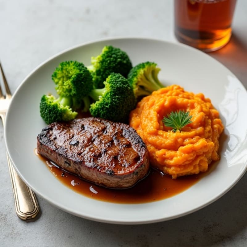 Seared Lean Beef Steak with Steamed Broccoli and Sweet Potato Mash