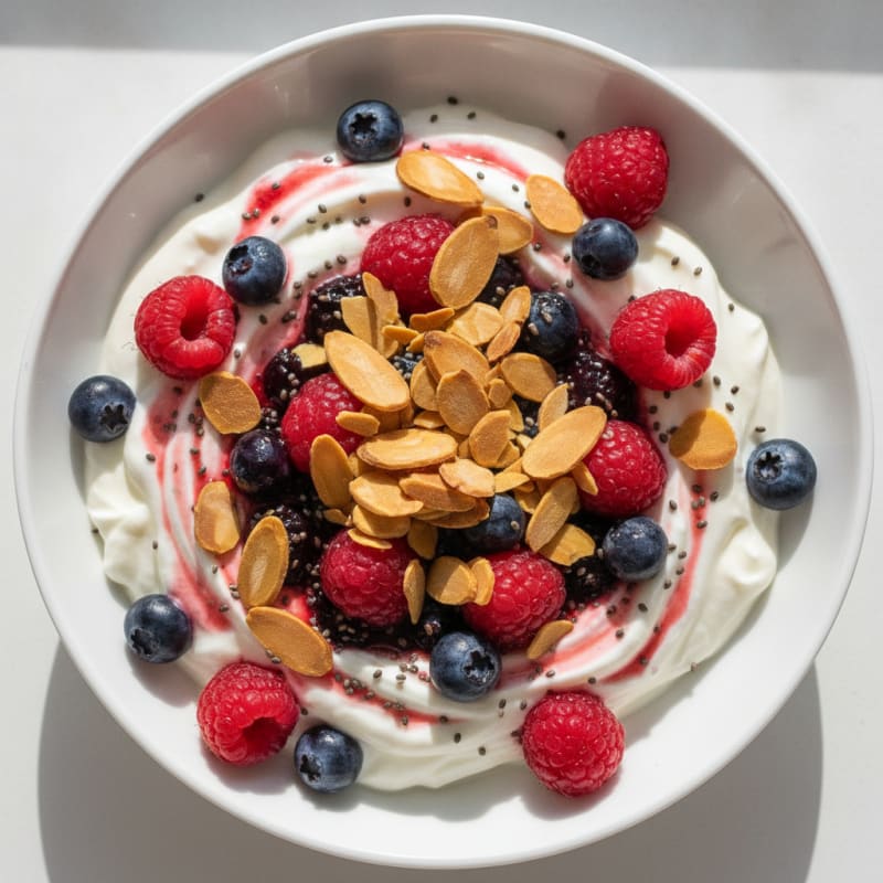 Greek Yogurt Protein Parfait with Mixed Berries and Almonds