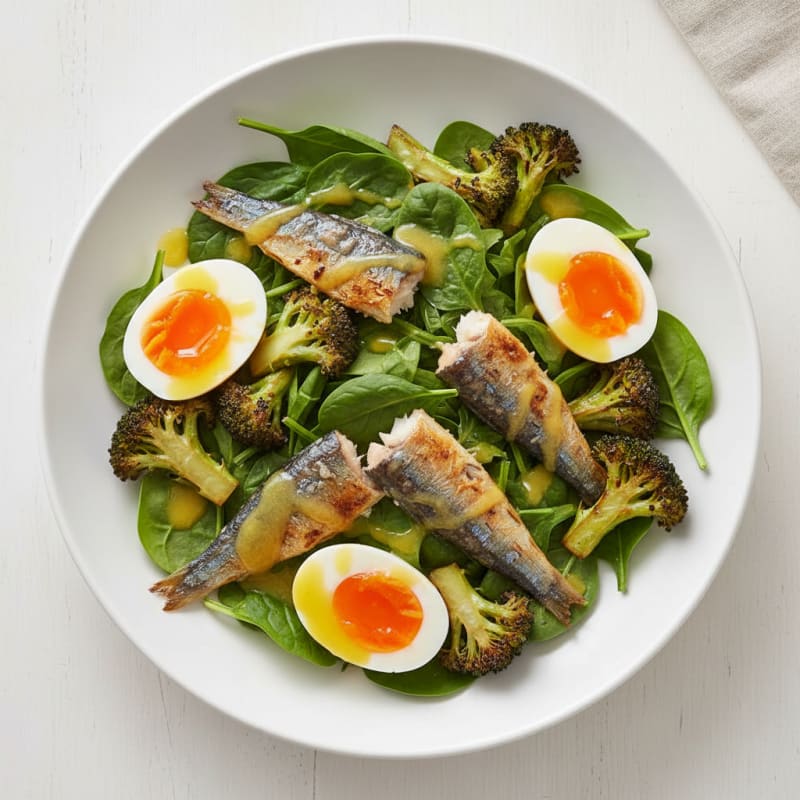 Crispy Sardine and Spinach Salad with Roasted Broccoli