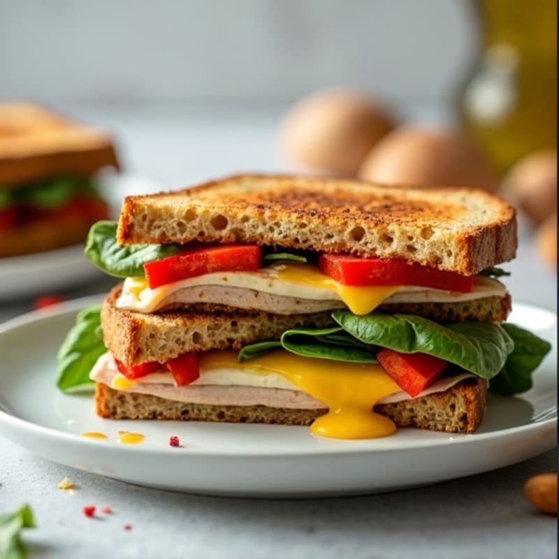 Crispy Whole Grain Grilled Cheese with Lean Turkey, Spinach, and Roasted Red Peppers