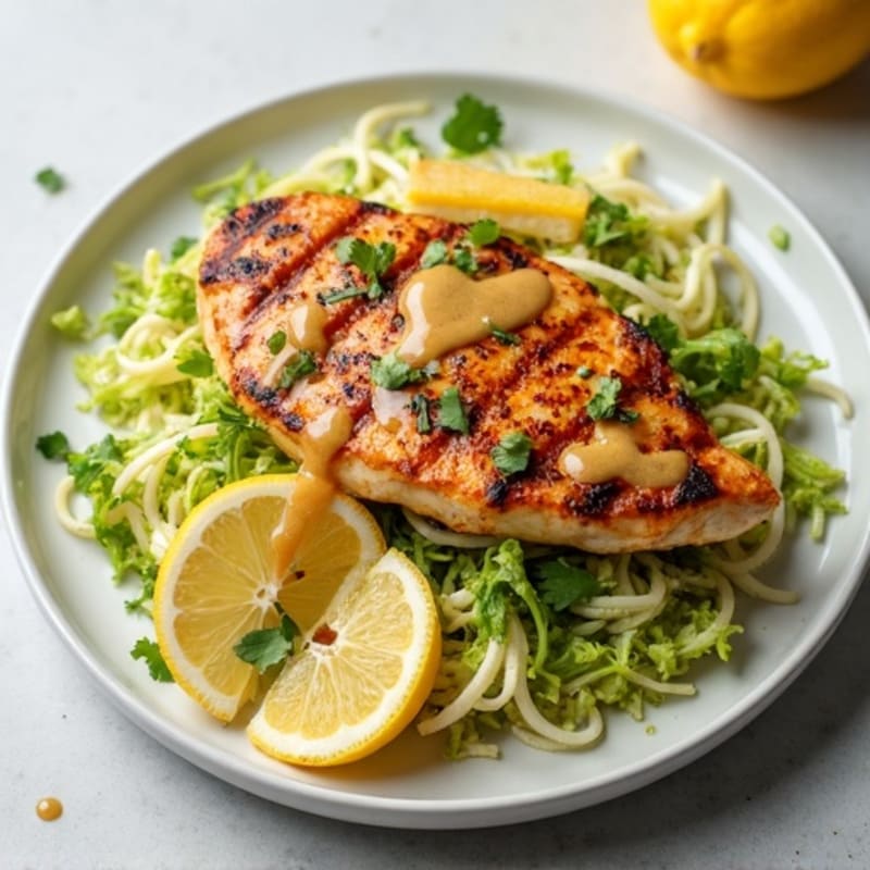 Grilled Chicken Breast with Crunchy Shredded Cabbage and Lemon-Tahini Dressing