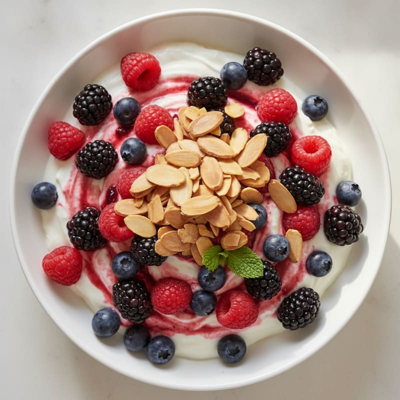Greek Yogurt Protein Parfait with Mixed Berries and Almonds