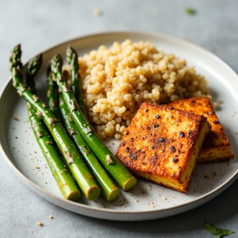 Crispy Baked Tofu with Roasted Asparagus and Quinoa