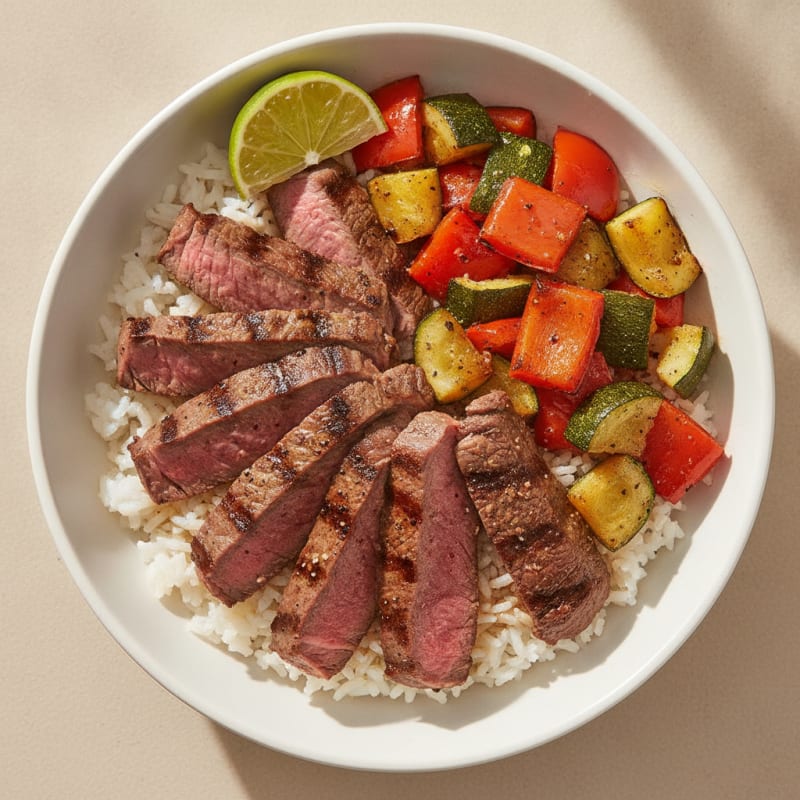 Grilled Steak and Roasted Vegetable Bowl with White Rice