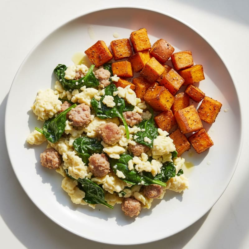Egg White and Turkey Sausage Scramble with Sautéed Spinach and Roasted Sweet Potatoes