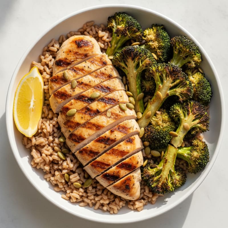 Grilled Chicken Bowl with Brown Rice and Roasted Broccoli