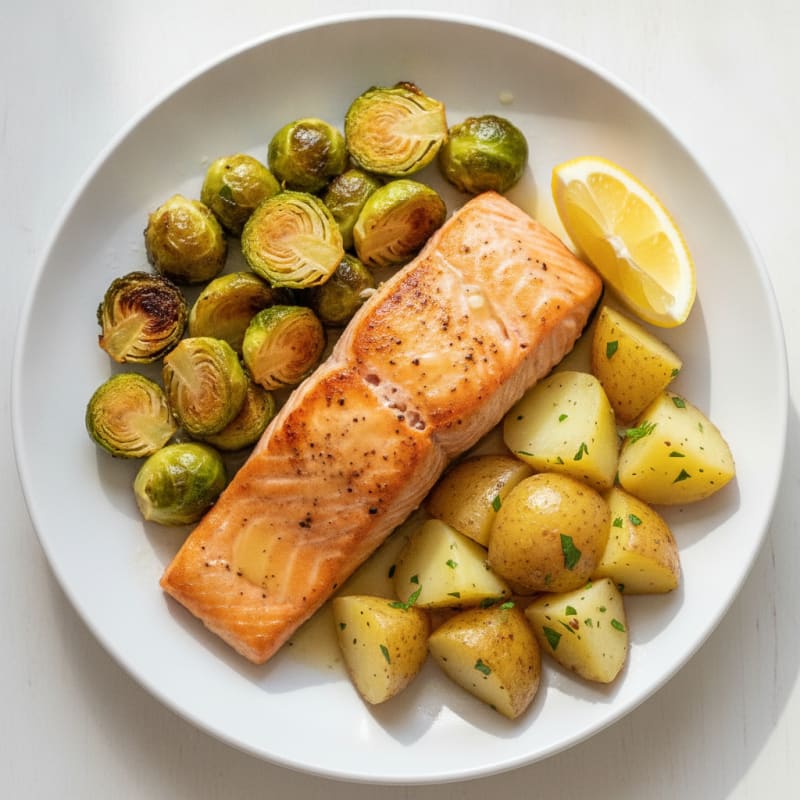 Pan-Seared Salmon with Garlic Roasted Brussel Sprouts and Steamed Potatoes