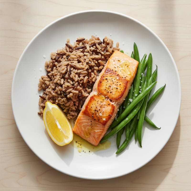 Seared Salmon Fillet with Steamed Green Beans and Wild Rice