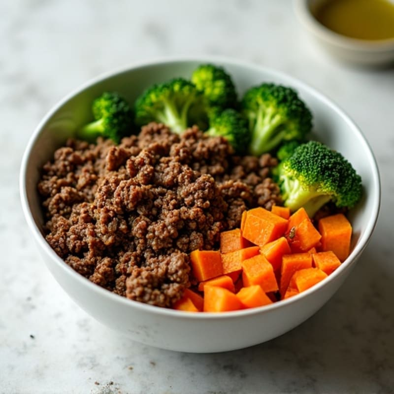 Ground Beef and Roasted Sweet Potato Bowl with Steamed Broccoli