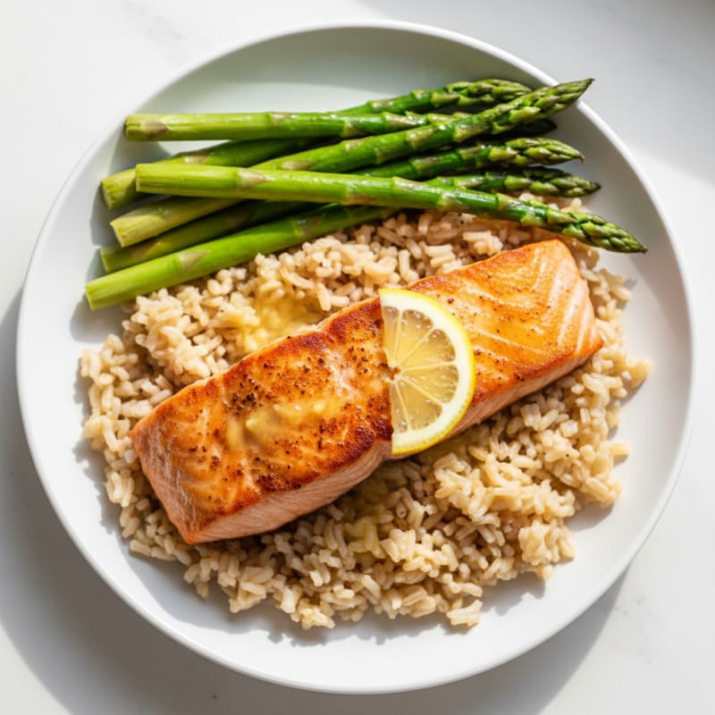 Seared Salmon Fillet with Steamed Asparagus and Brown Rice