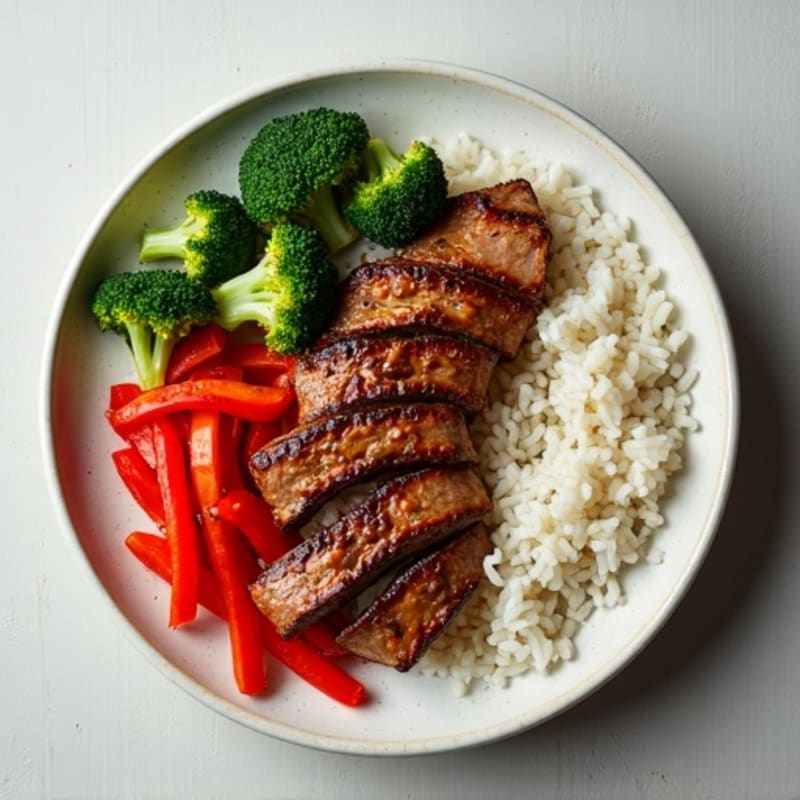 Soy-Sesame Steak with Stir-Fried Peppers, Broccoli, and White Rice