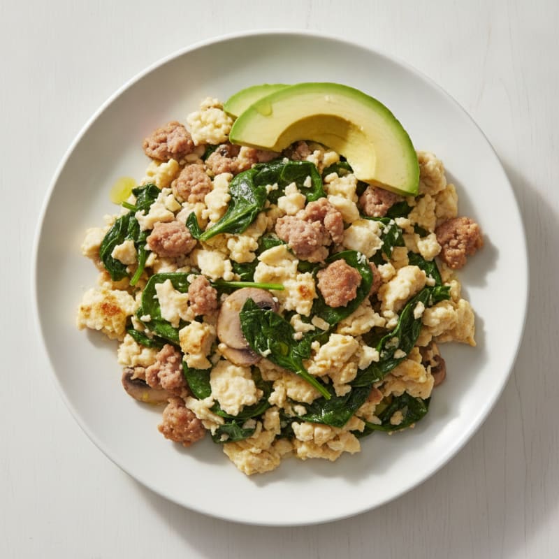 Egg White Scramble with Turkey Sausage and Sautéed Spinach