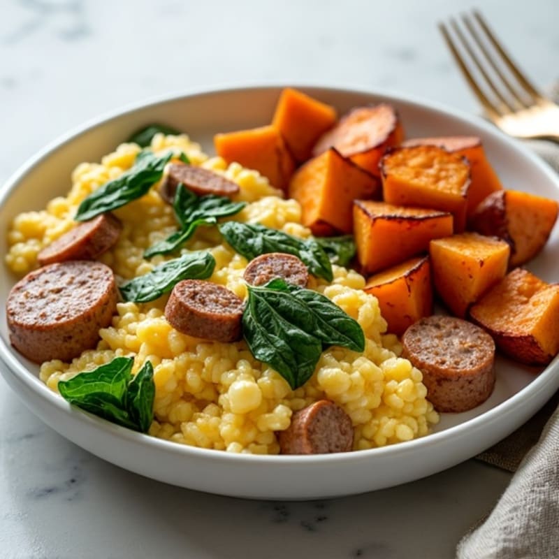 Egg White and Turkey Sausage Scramble with Spinach and Roasted Sweet Potatoes