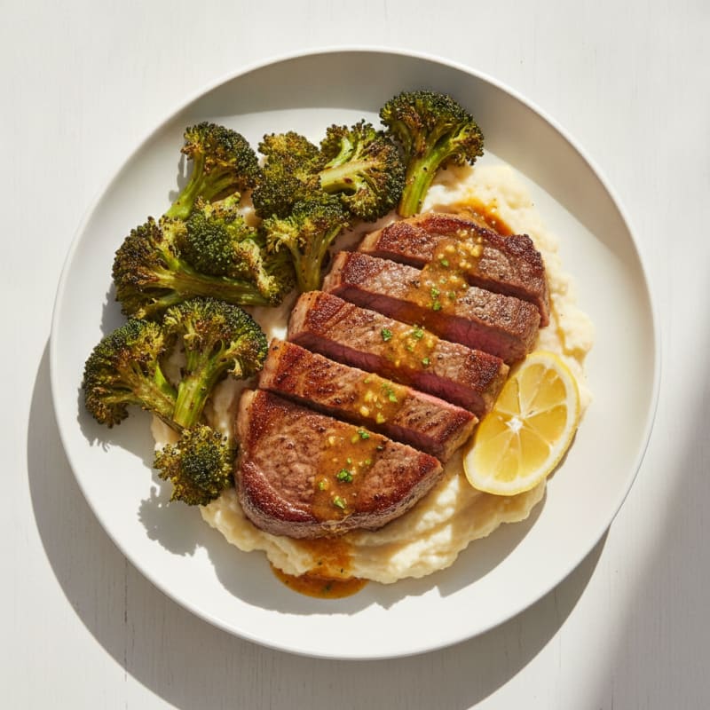 Seared Lean Beef with Roasted Broccoli and Cauliflower Mash