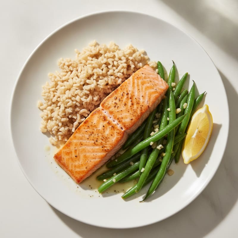 Seared Salmon Fillet with Garlic Green Beans and Brown Rice