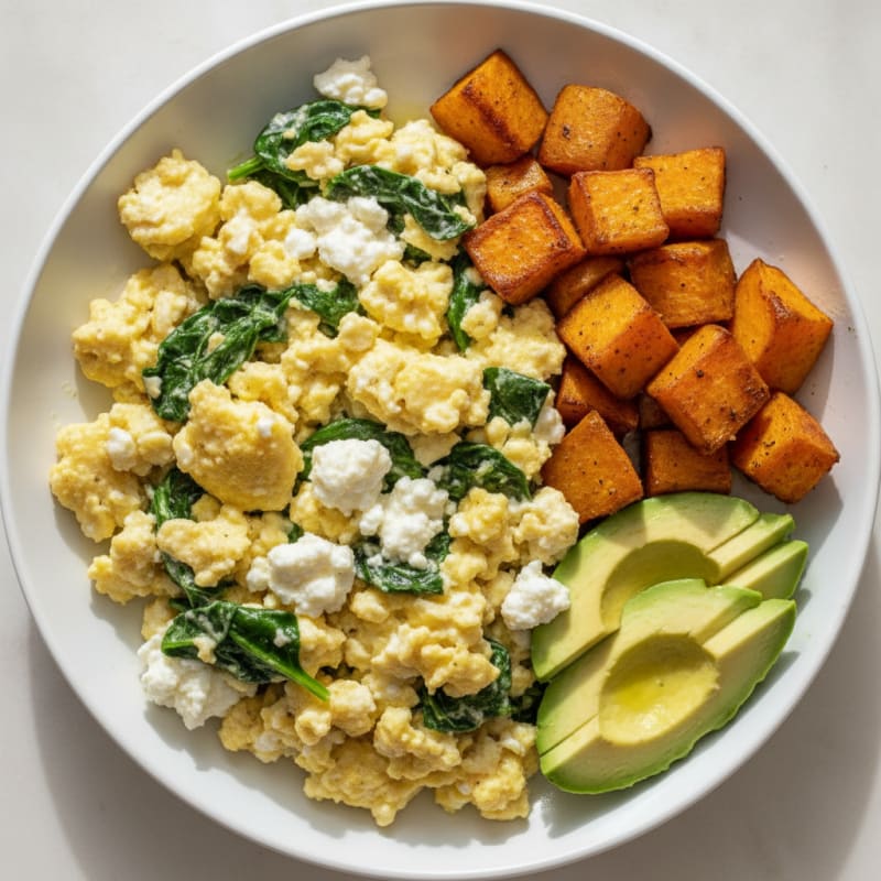 Cottage Cheese Scramble with Spinach and Roasted Sweet Potatoes