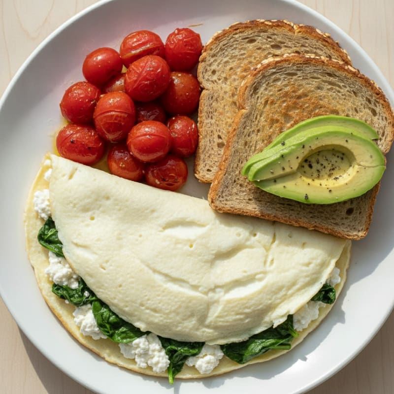 Egg White Spinach Omelette with Cottage Cheese and Cherry Tomatoes