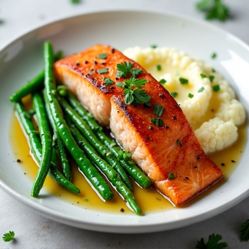 Seared Salmon with Garlic Green Beans and Cauliflower Mash