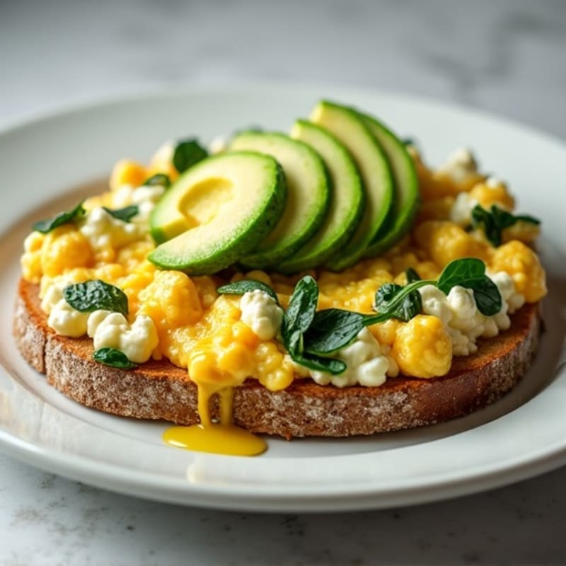 Egg White Spinach Scramble with Cottage Cheese, Toast & Avocado