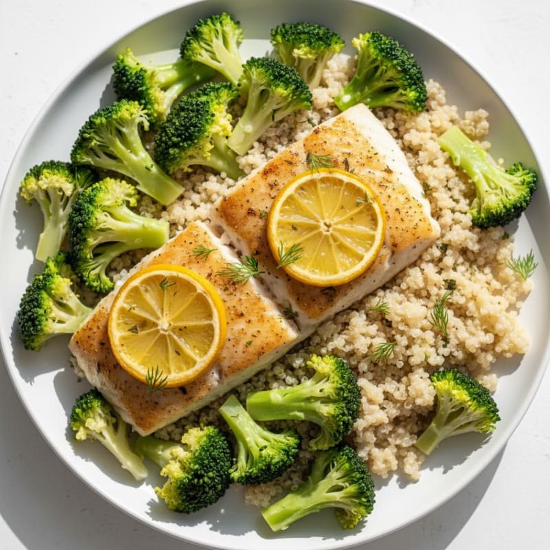 Baked Cod with Steamed Broccoli and Quinoa