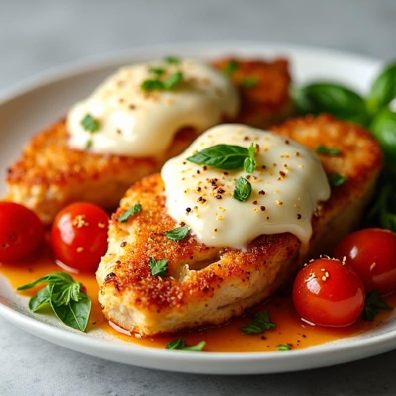 Crispy Baked Chicken with Melty Mozzarella, Roasted Tomatoes, and Fresh Basil