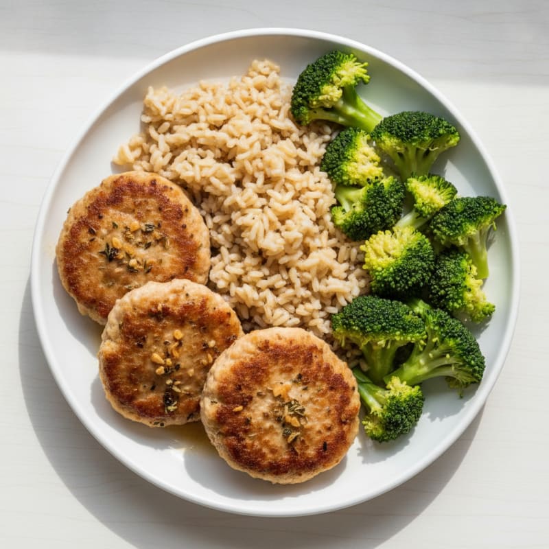 Seared Turkey Patties with Steamed Broccoli and Brown Rice