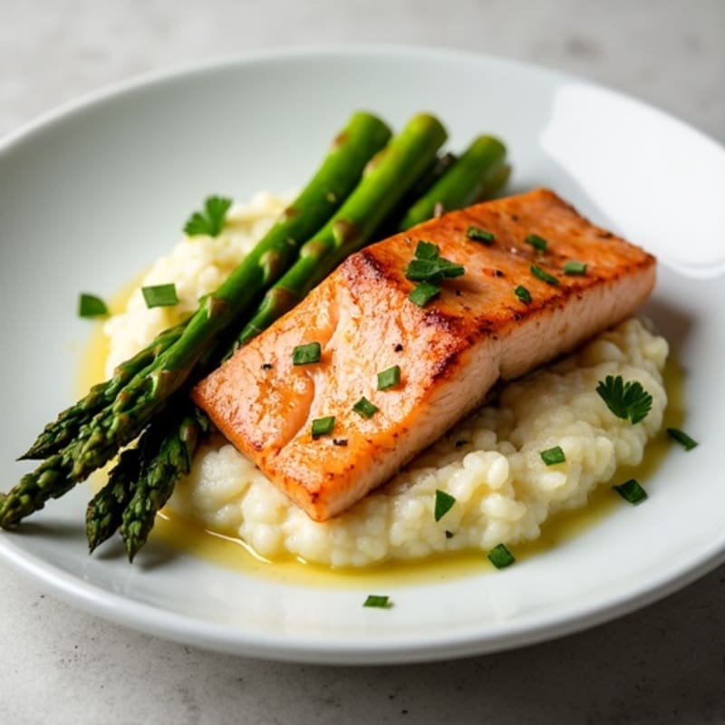 Seared Salmon with Roasted Asparagus and Cauliflower Mash